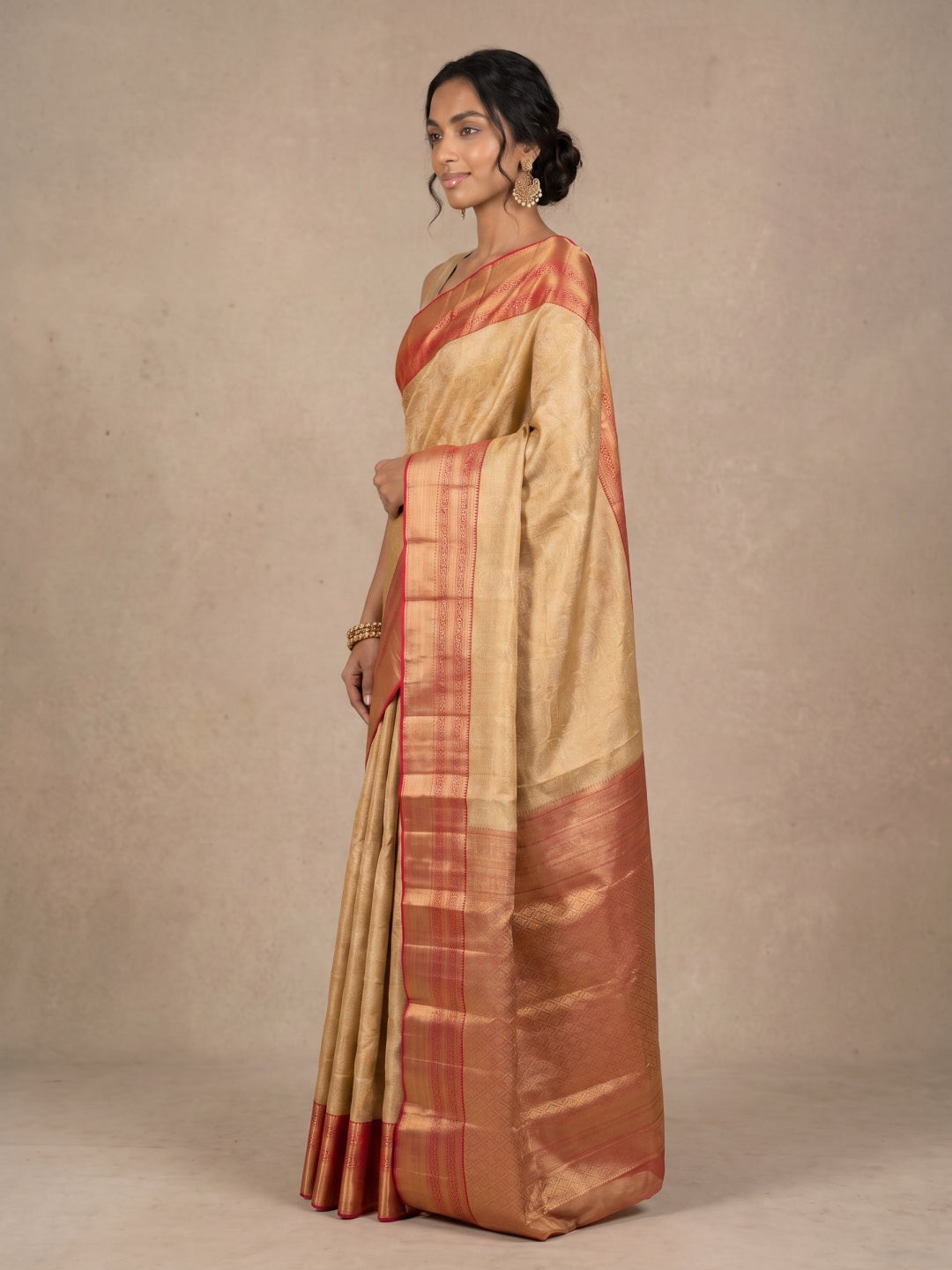 Golden Pure Kanjeevaram Silk Saree with Brocade & Bright Red Border - detail