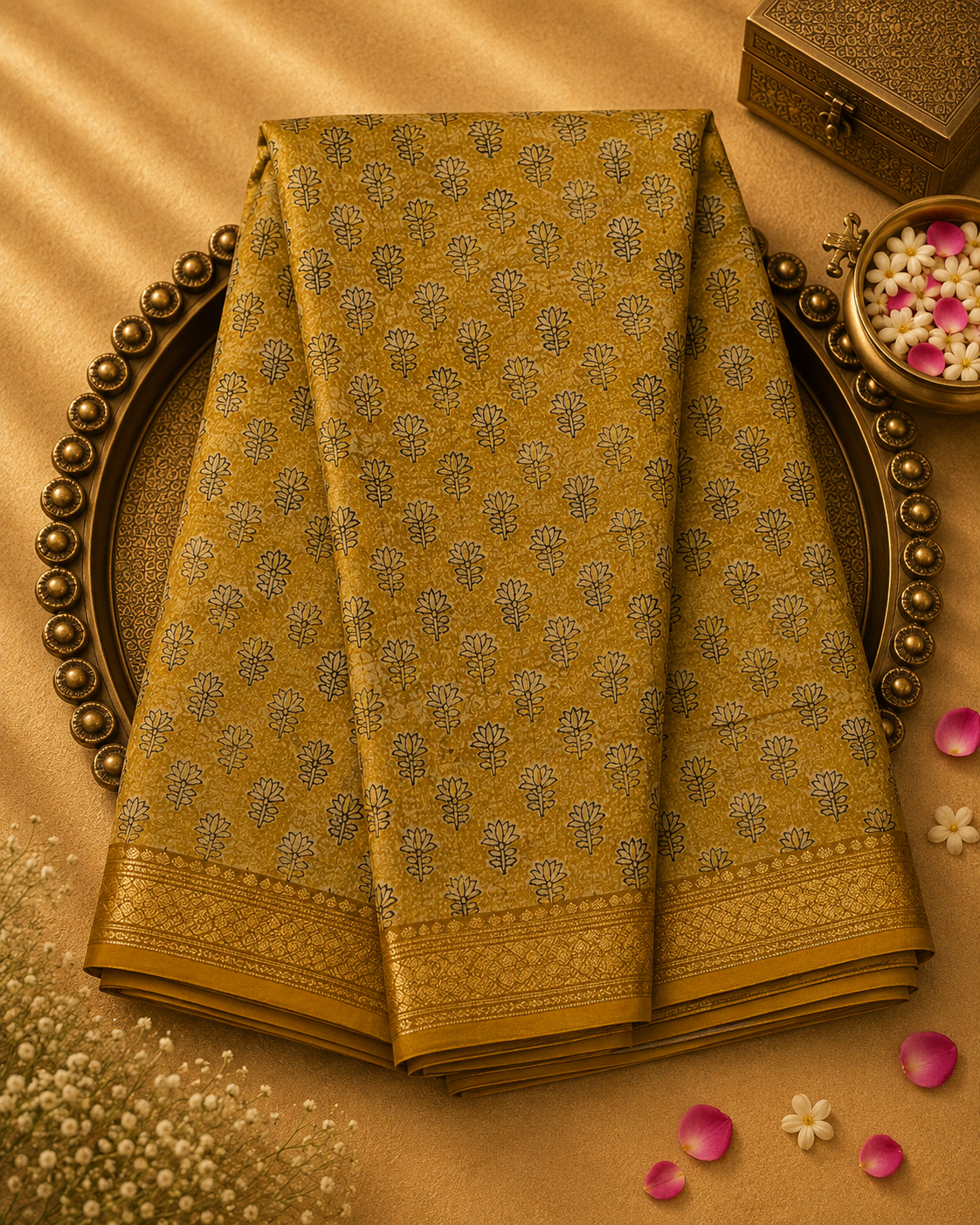 Mustard Yellow Maheshwari Cotton Saree with Block Print & Zari Border
