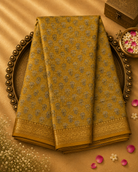 Mustard Yellow Maheshwari Cotton Saree with Block Print & Zari Border