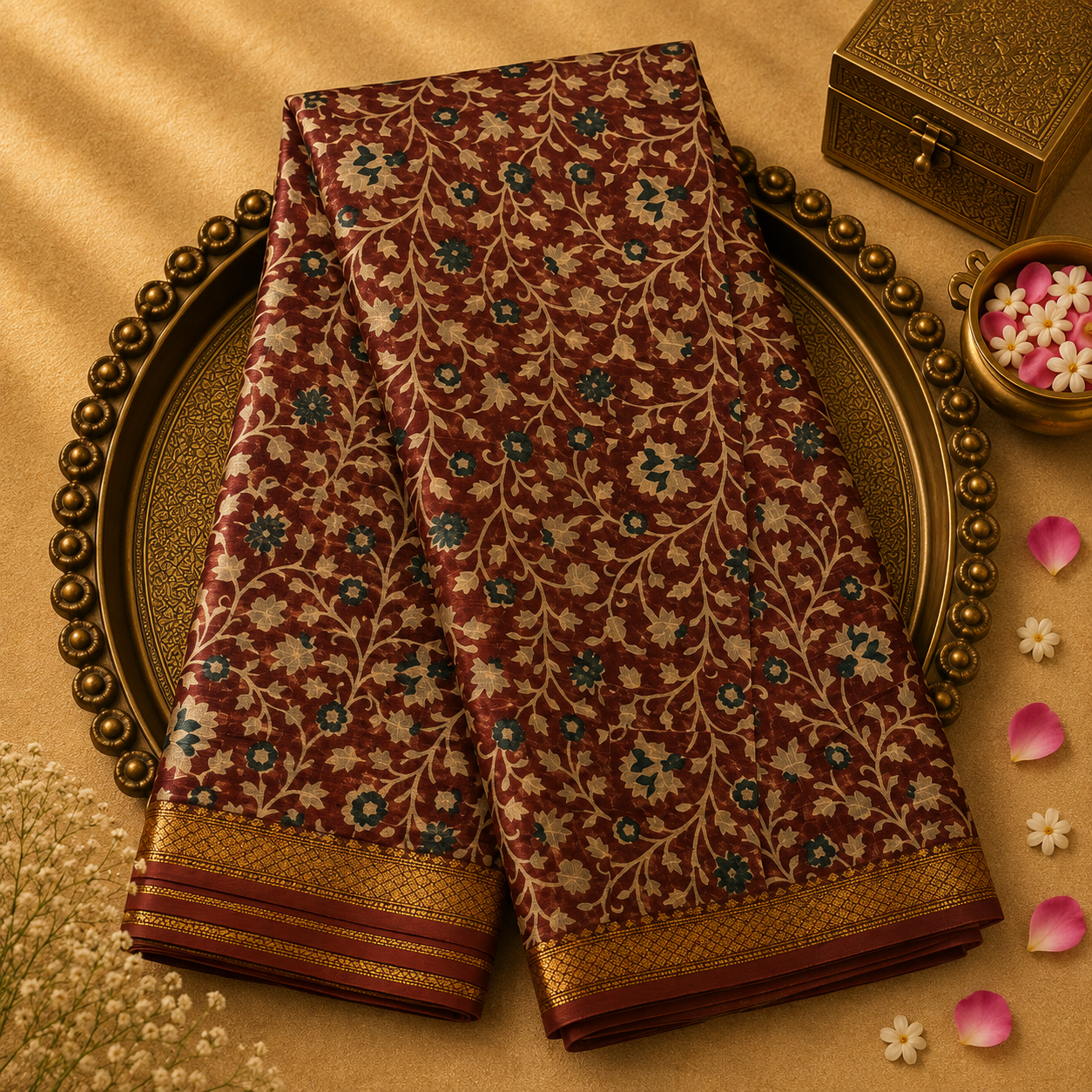 Brown Chanderi Silk Saree with Floral Print