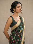 Bottle Green Pure Khaddi Saree with Meenakari Jamdani & Gold Border - detail