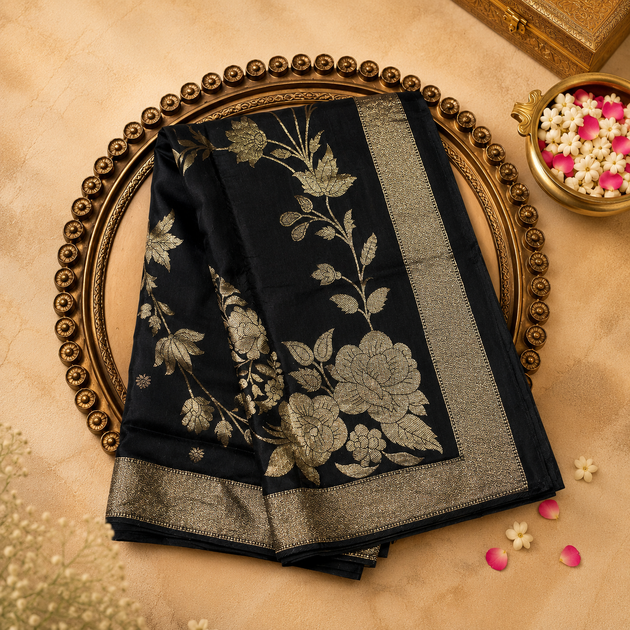 Black Semi Banarasi Silk Saree with Gold Zari Buttas & Gold Zari Border