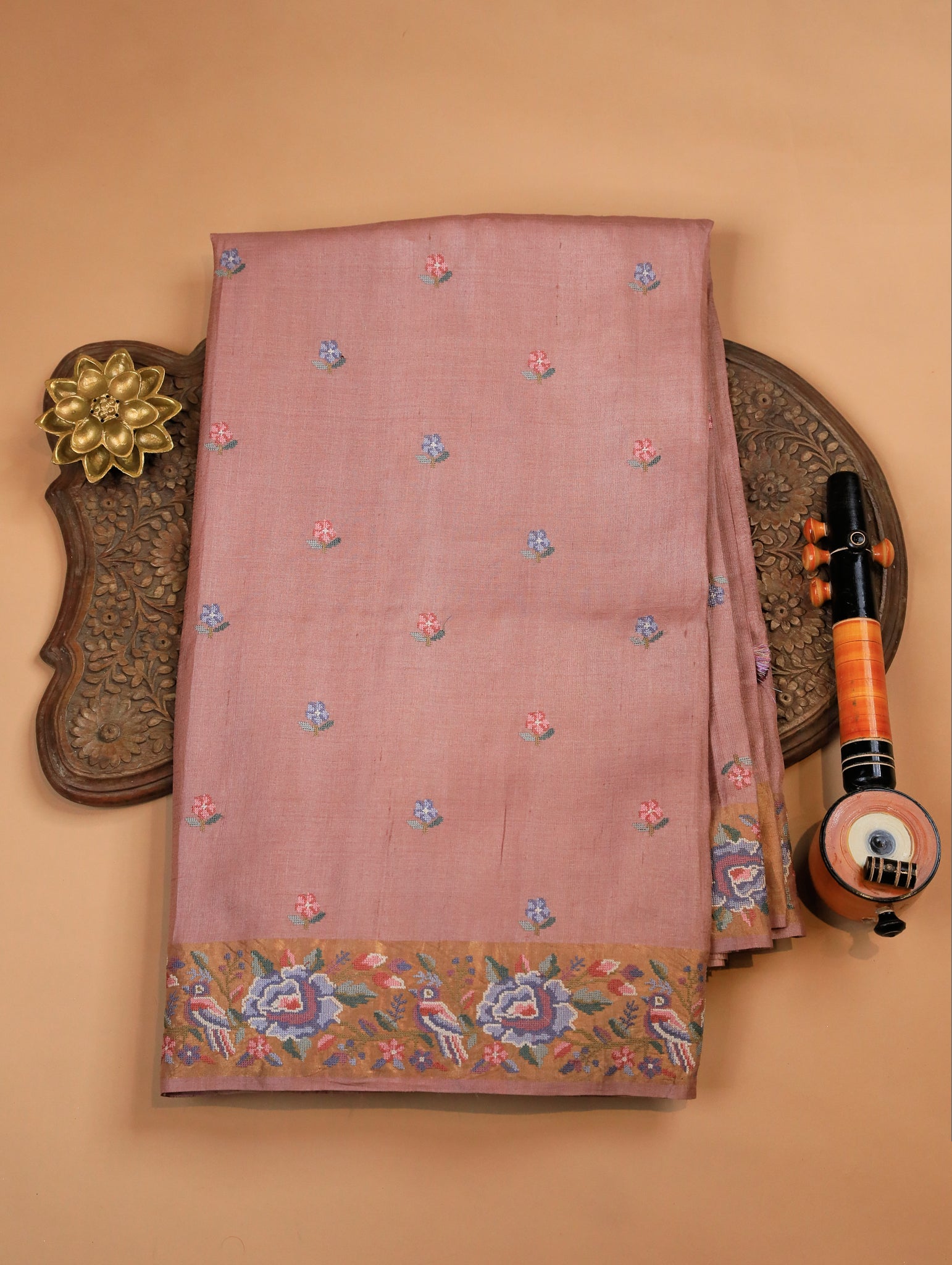 Onion Pink Pure Munga Tussar Silk Saree with Buttas & Cross-Stitch Border