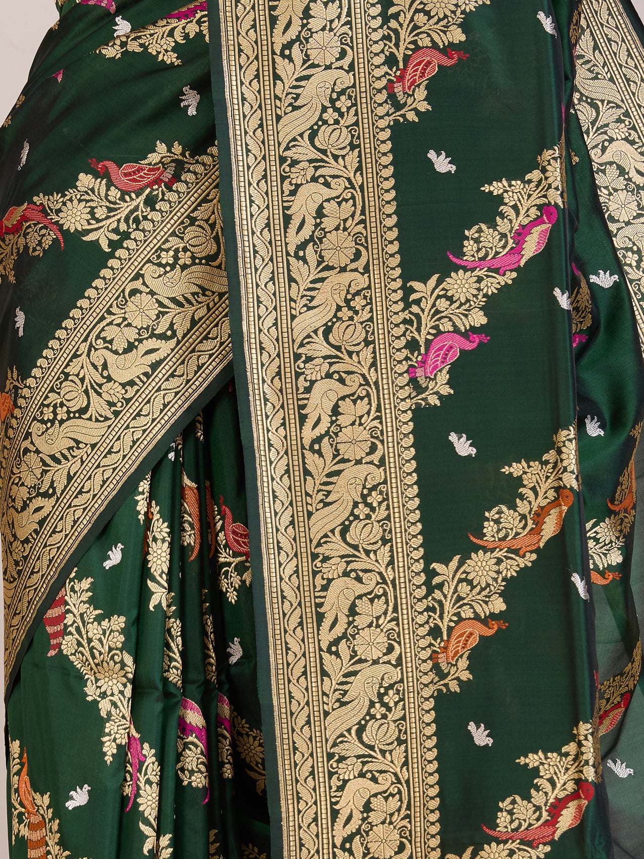 Bottle Green Pure Banarasi Silk Saree with Meenakari Birds & Peacock Border - detail