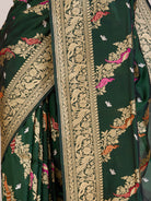 Bottle Green Pure Banarasi Silk Saree with Meenakari Birds & Peacock Border - detail