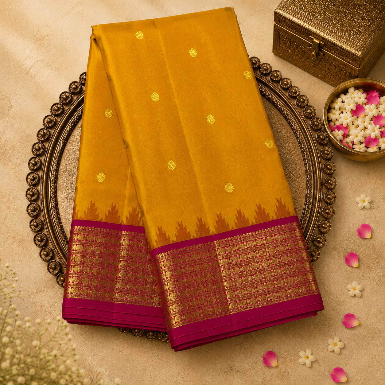 Mustard Yellow Pure Kanjeevaram Silk Saree with Gold Zari Buttas