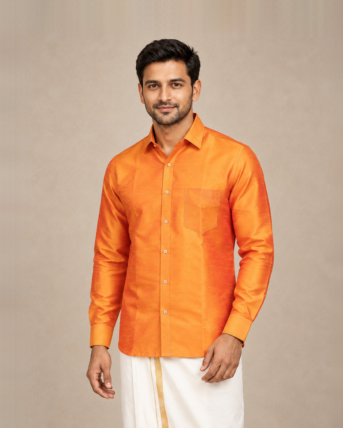 Burnt Mustard Orange Plain Raw Silk Shirt