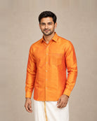 Burnt Mustard Orange Plain Raw Silk Shirt