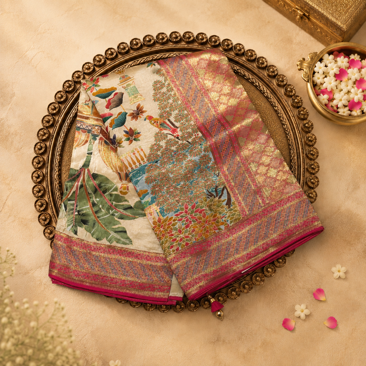 Beige Semi Pashmina Silk Saree with Meenakari Florals & Animal Motifs