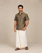 Khaki Brown Plain Raw Silk Shirt