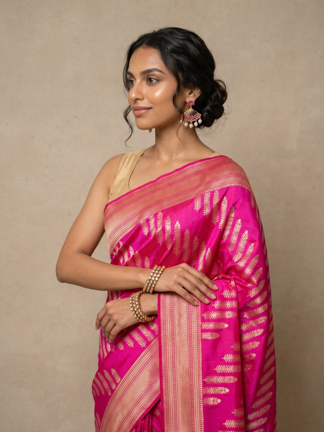 Bright Pink Pure Banarasi Silk Saree with Gold & Silver Diagonal Motifs - detail