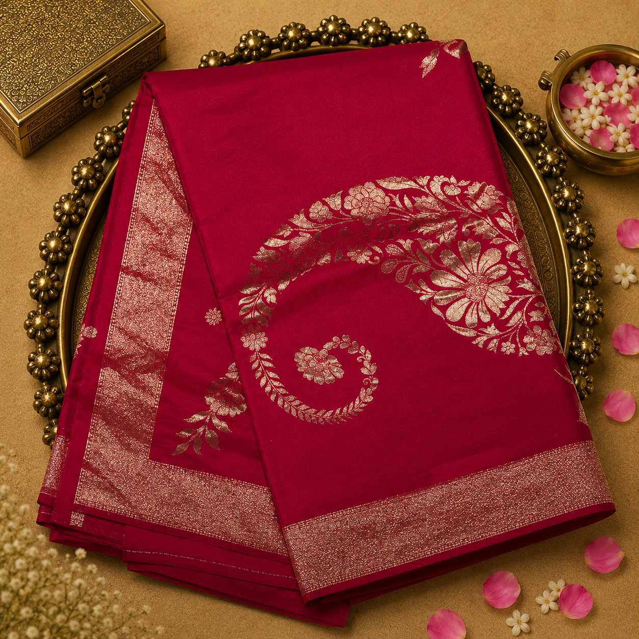 Bright Pink Semi Banarasi Silk Saree with Floral Design & Gold Zari Border