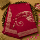 Bright Pink Semi Banarasi Silk Saree with Floral Design & Gold Zari Border