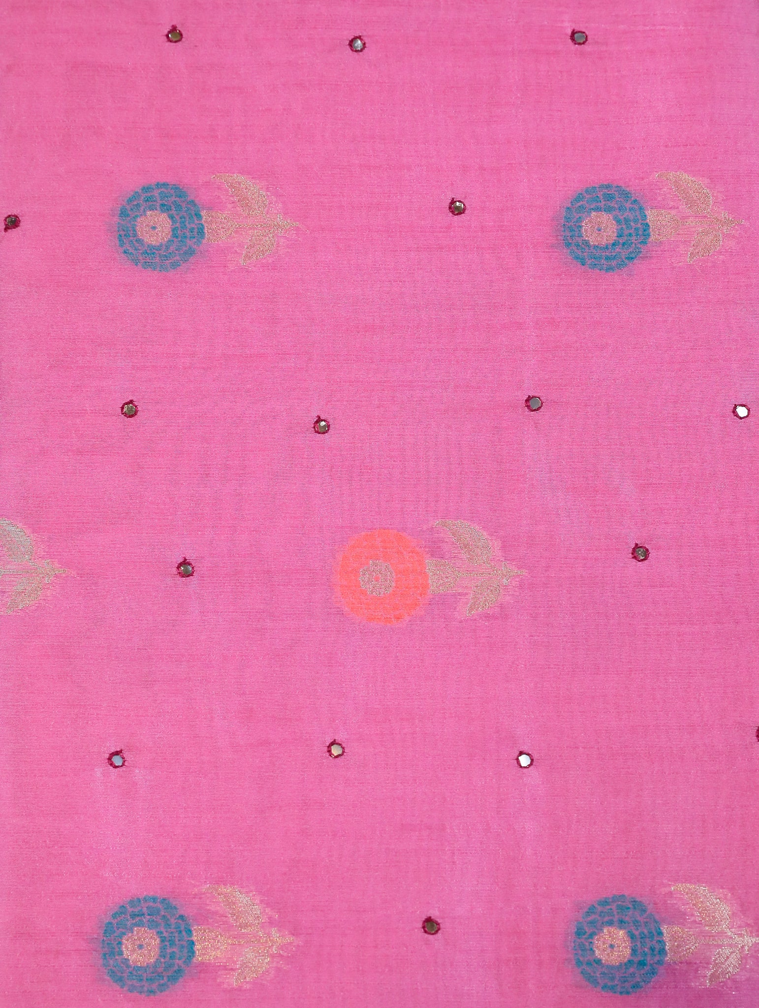 Light Pink Semi Raw Silk Saree with Floral Motifs & Mirror Work