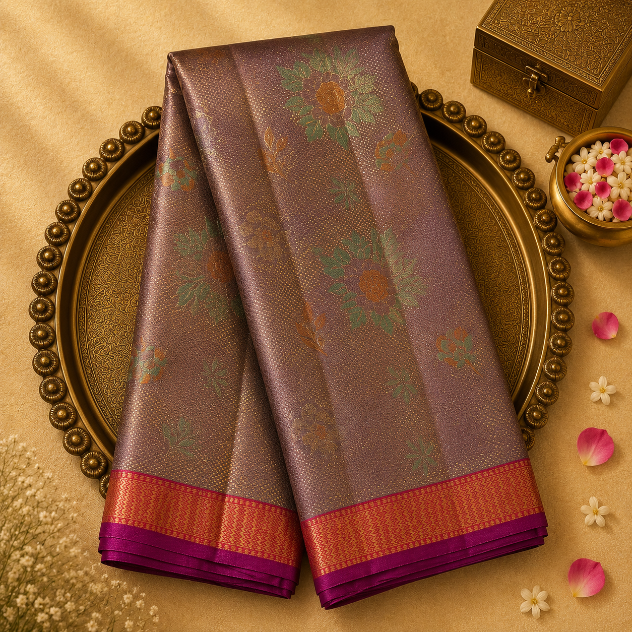 Onion Pink Kanchivaram Pure Brocade Silk Saree with Orange Meenakari Border