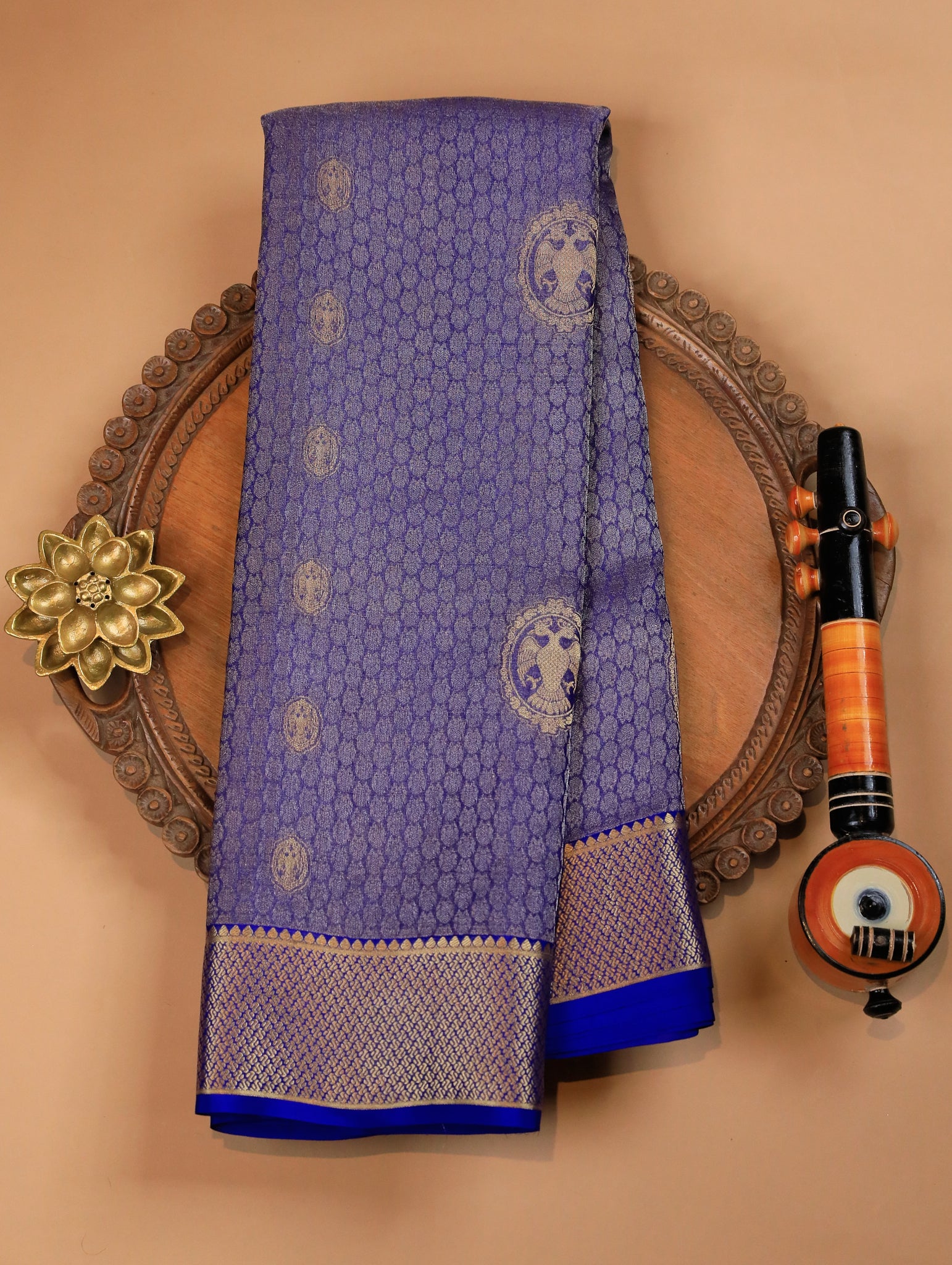 Dark Indigo Pure Mysore Tissue Silk Saree with Zari Motifs & Border