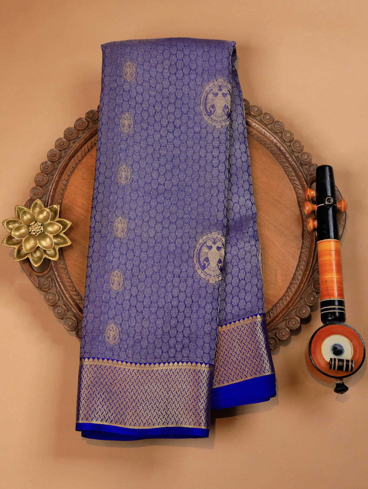 Dark Indigo Pure Mysore Tissue Silk Saree with Zari Motifs & Border