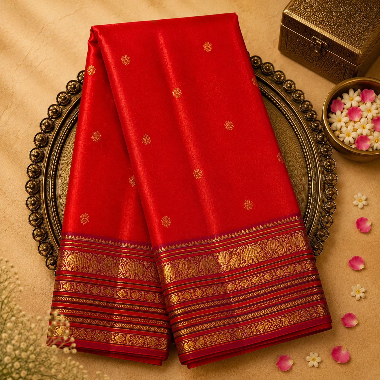Orange And Pink Dual Tone Pure Kanjeevaram Silk Saree with Gold Zari Buttas