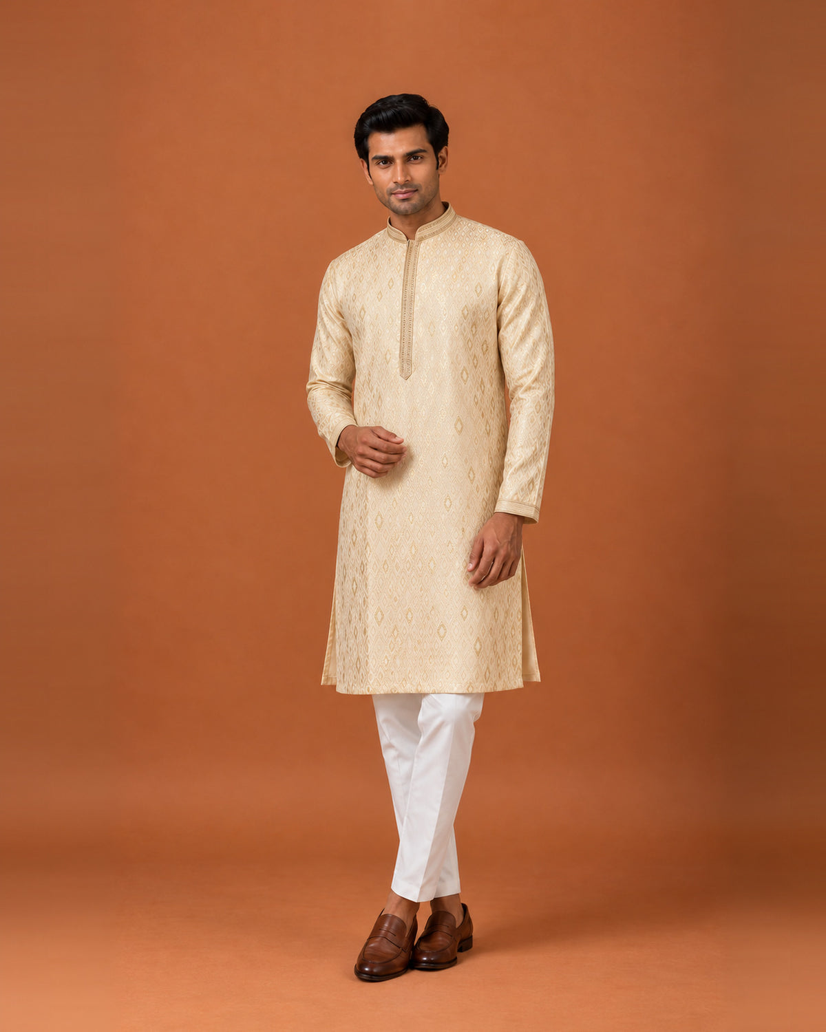 Cream Silk Kurta with Self Weave, Zari Detail & Cream Pants