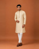 Cream Silk Kurta with Self Weave, Zari Detail & Cream Pants
