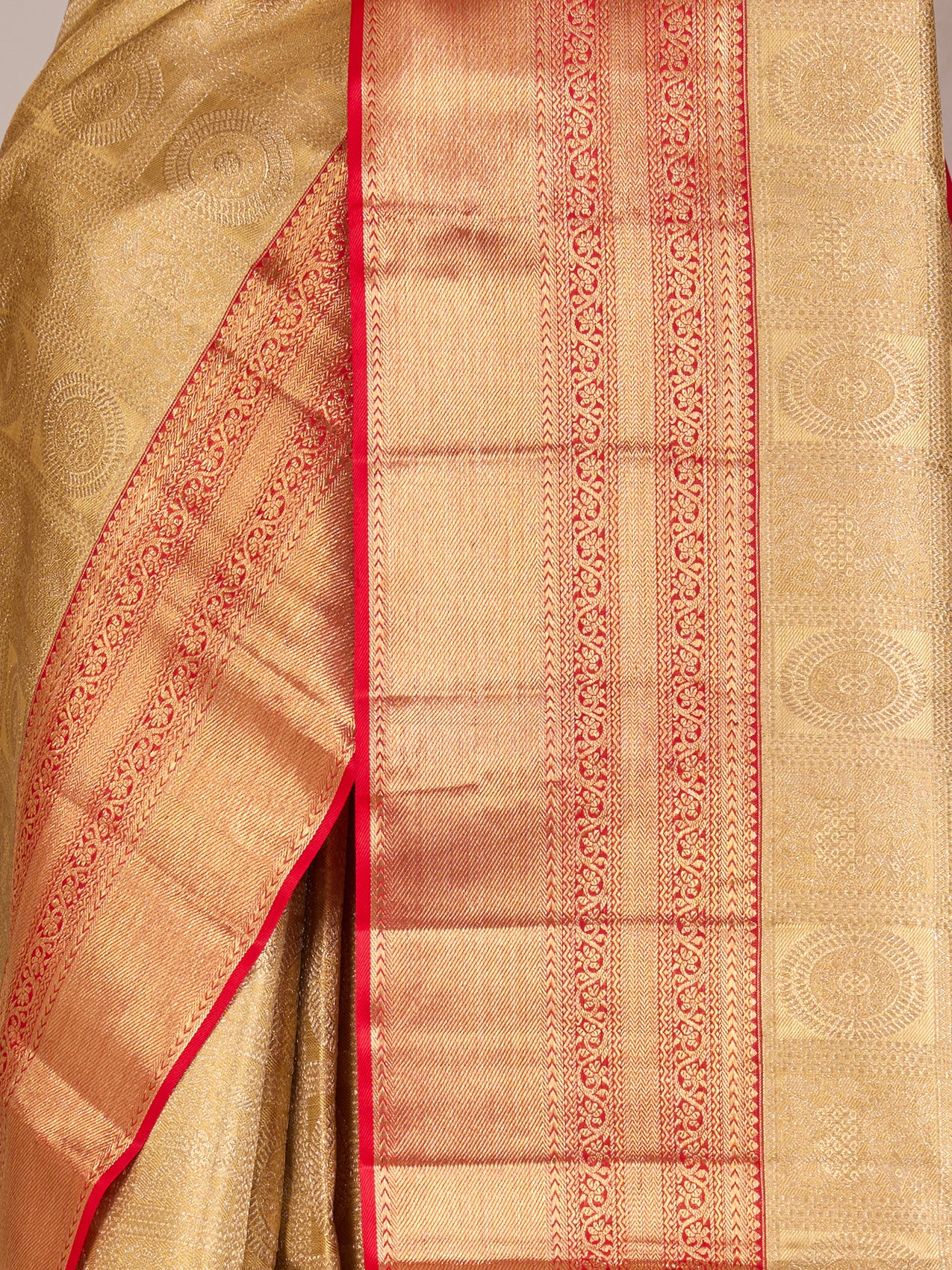Golden Pure Kanjeevaram Silk Saree with Brocade & Bright Red Border - detail