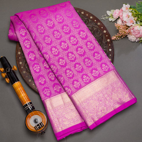 Bright Pink Pure Kanjivaram Brocade Silk Saree