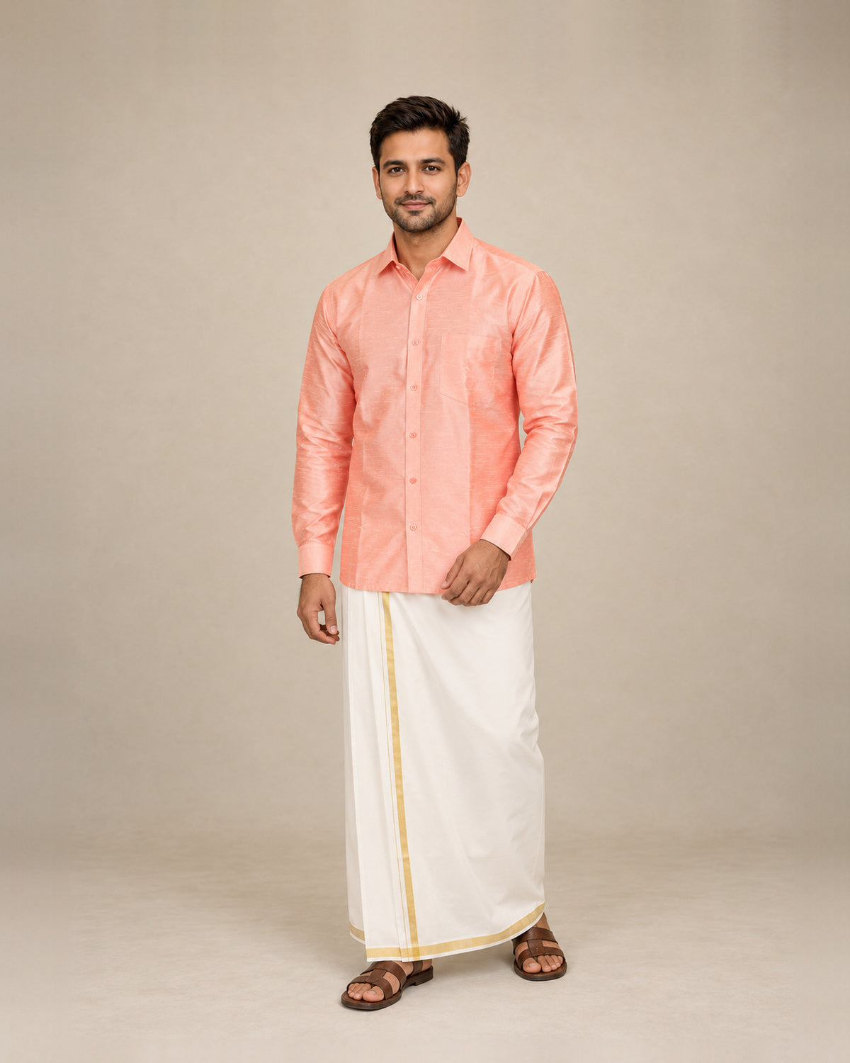Light Peach Plain Raw Silk Shirt