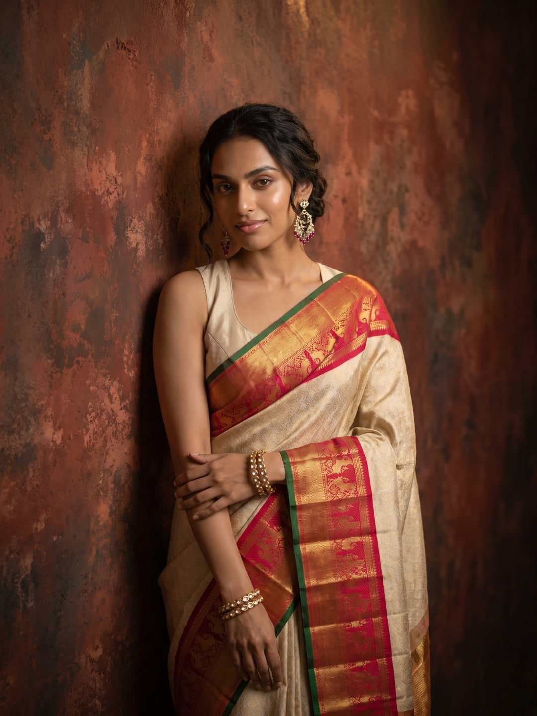 Golden Beige Pure Kanjeevaram Silk Saree with Brocade & Red Border