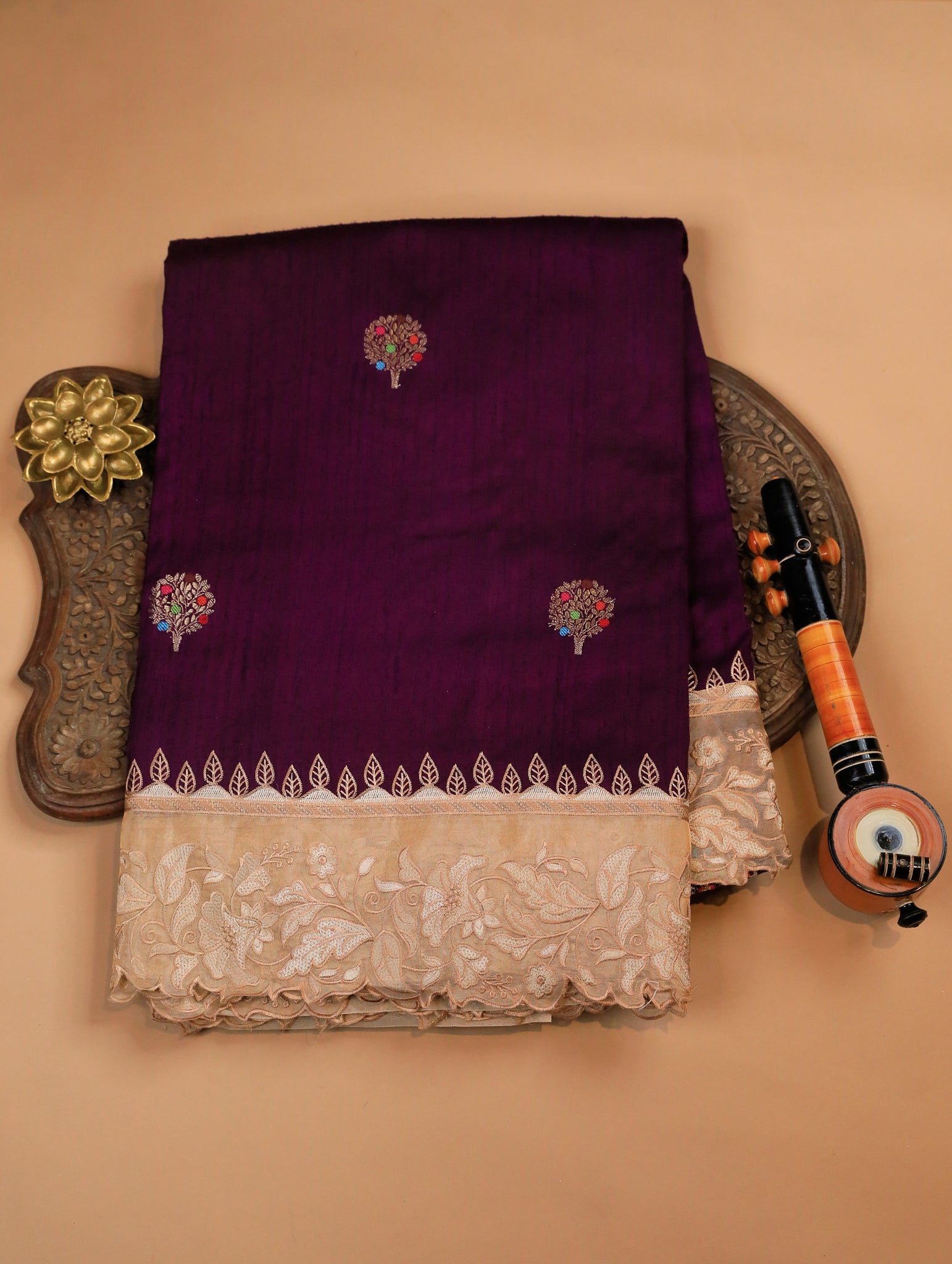 Purple Pure Tussar Silk Saree with Zari Motifs & Embroidered Organza Border