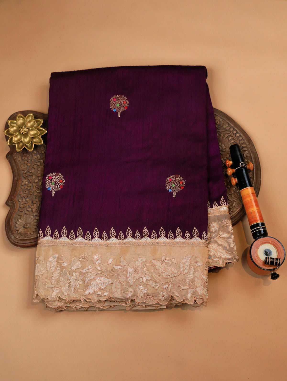 Purple Pure Tussar Silk Saree with Zari Motifs & Embroidered Organza Border