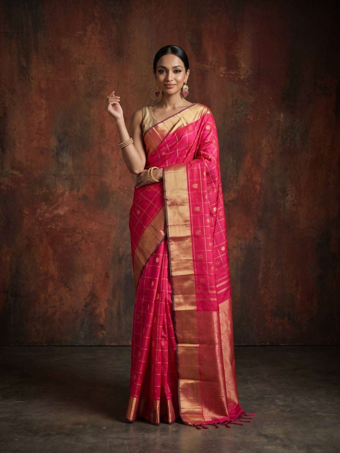 Bright Red & Pink Dual-Tone Pure Kanjeevaram Silk Saree with Zari Checks - detail
