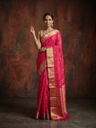 Bright Red & Pink Dual-Tone Pure Kanjeevaram Silk Saree with Zari Checks - detail