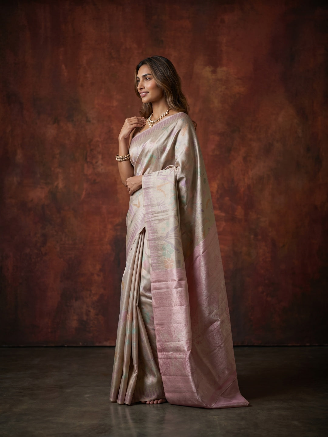 Golden Pure Kanjeevaram Tissue Saree with Floral Weave & Pink Border