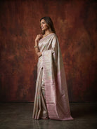 Golden Pure Kanjeevaram Tissue Saree with Floral Weave & Pink Border