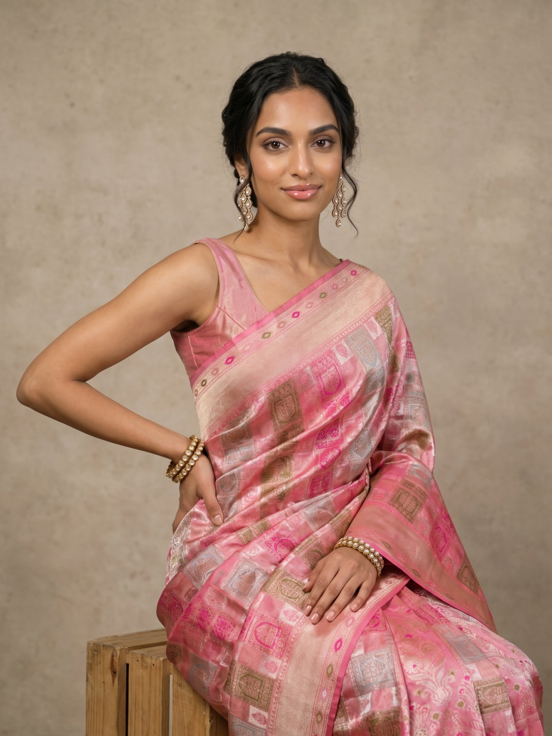 Blush Pink Pure Banarasi Brocade Silk Saree with Meenakari Work - detail