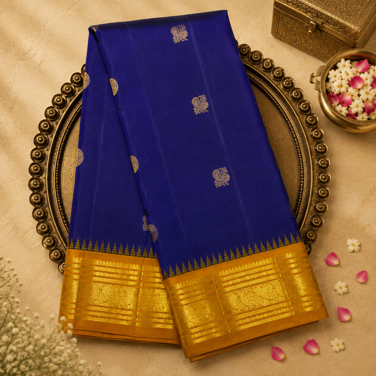 Purple Pure Kanjeevaram Silk Saree with Gold Zari Peacock Motifs