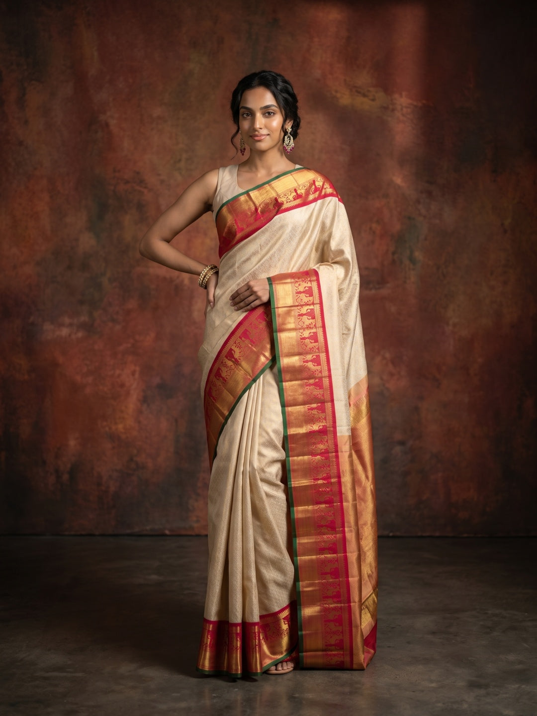 Golden Beige Pure Kanjeevaram Silk Saree with Brocade & Red Border - detail