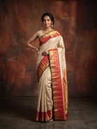 Golden Beige Pure Kanjeevaram Silk Saree with Brocade & Red Border - detail