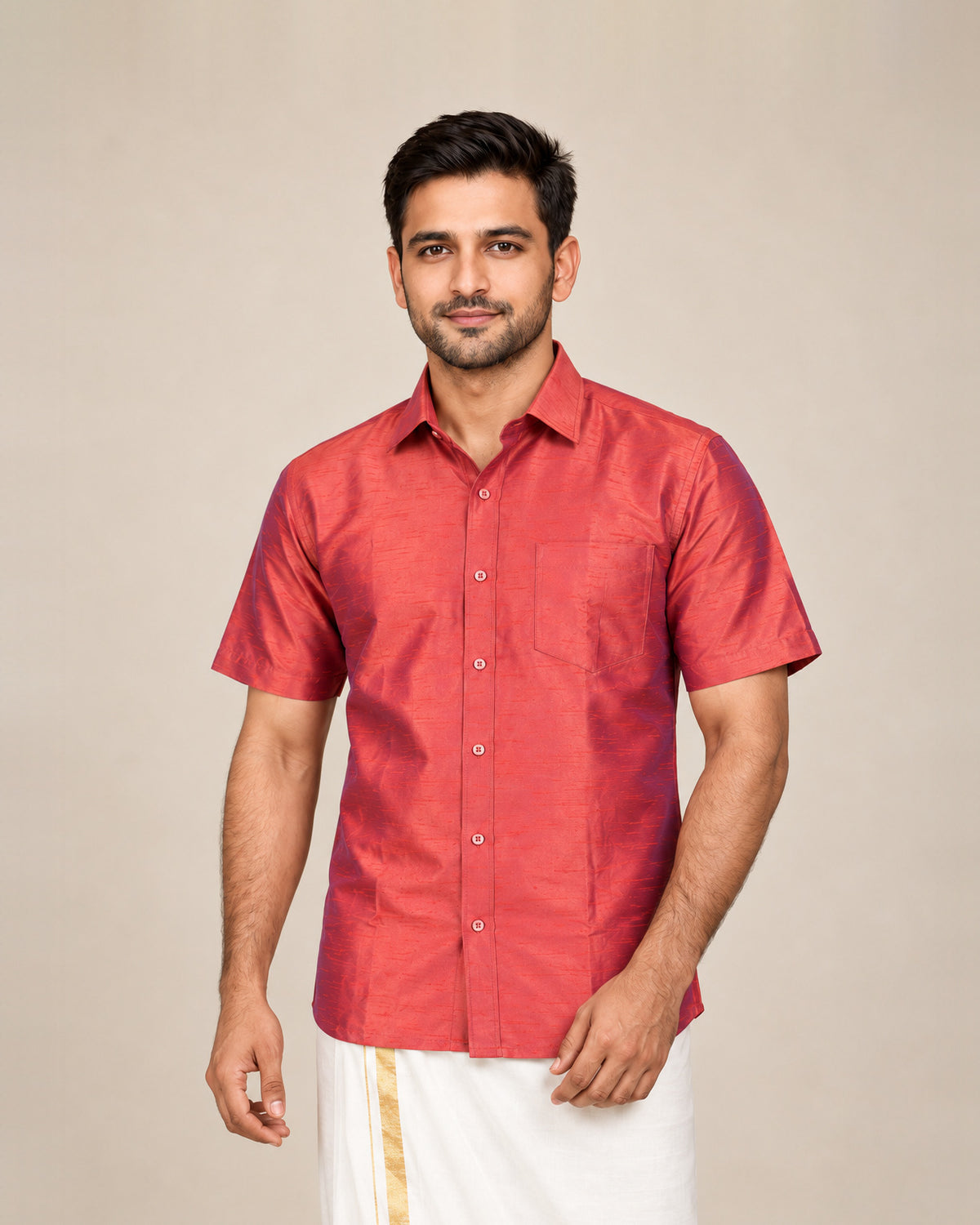 Rust Orange Plain Raw Silk Shirt