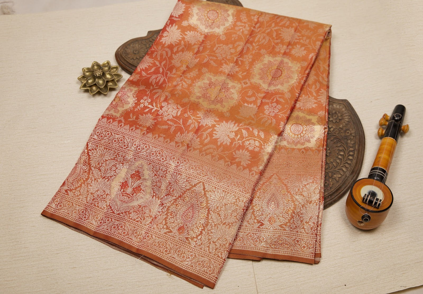 Orange Kanjeevaram Tissue Silk Saree with Floral Zari Brocade & Broad Gold Zari Border