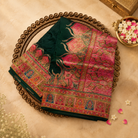 Bottle Green Semi Pashmina Silk Saree with Multicolour Border