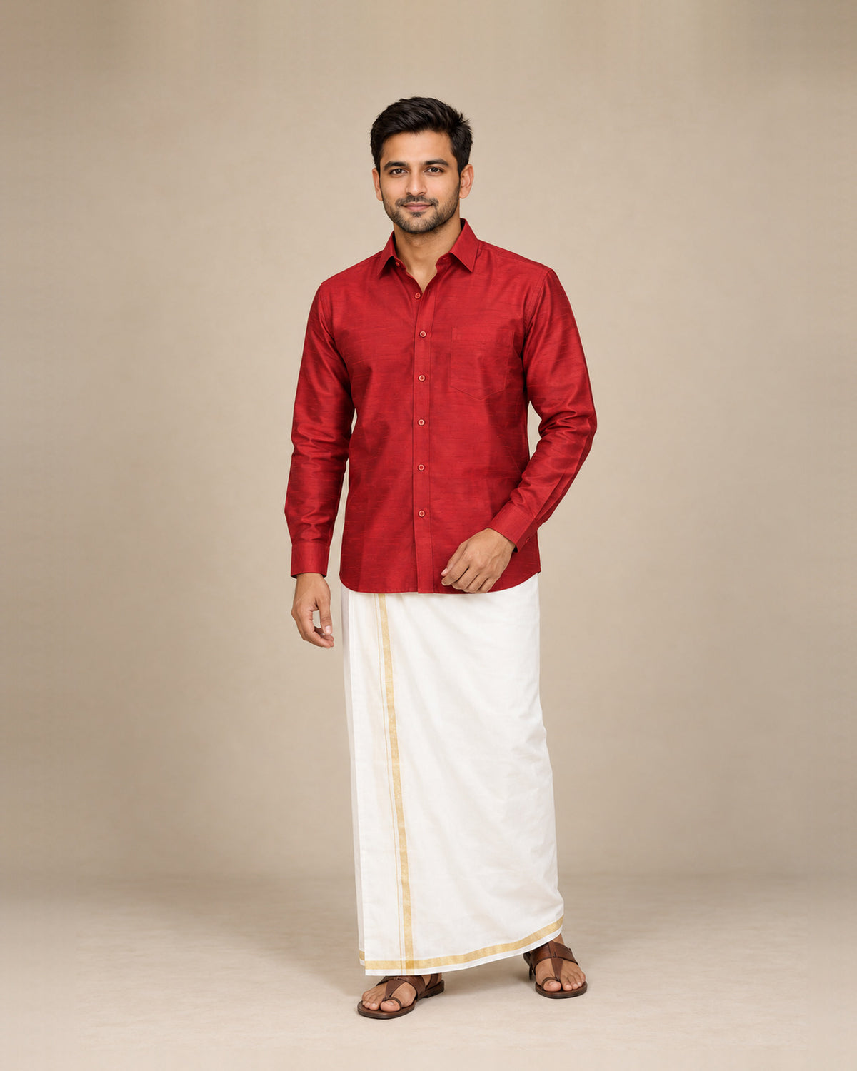 Brick Red Plain Raw Silk Shirt