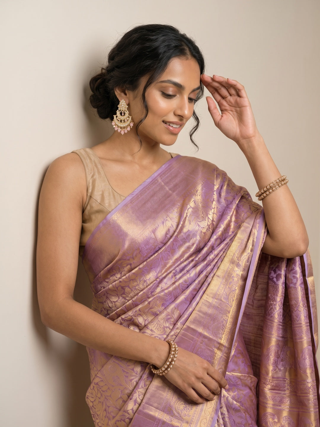 Gold & Lavender Dual-Tone Kanjeevaram Silk Saree with Brocade Weave - detail