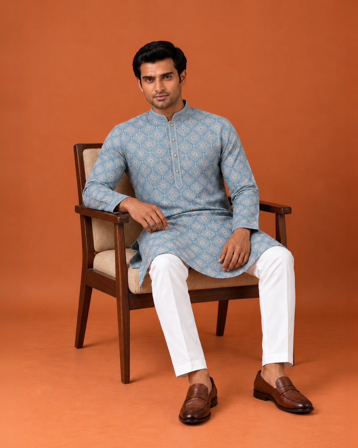 Dusky Blue Rayon Cotton Printed Kurta with White Pants