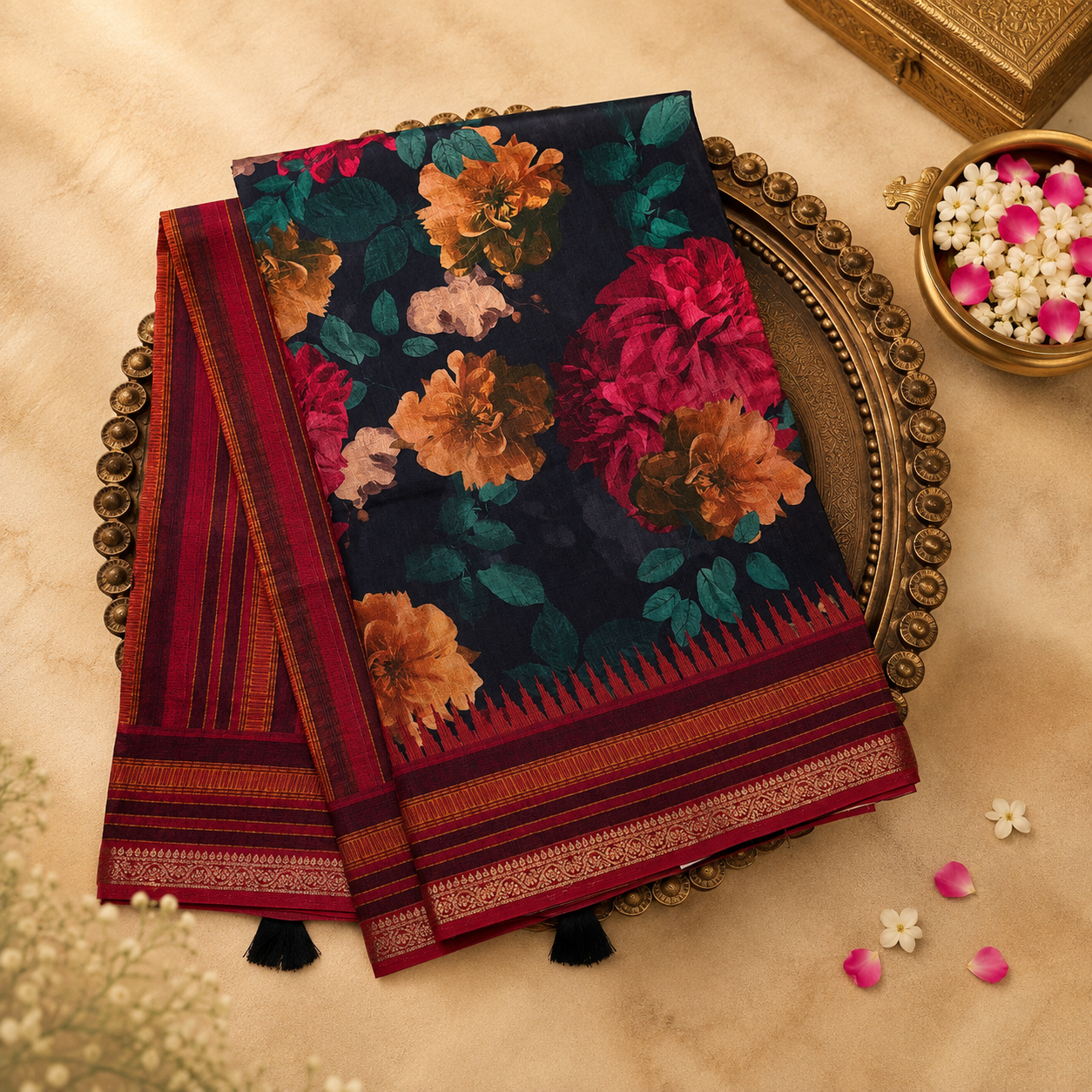 Dark Navy Blue Semi Crepe Silk Saree with Floral Print & Red Border