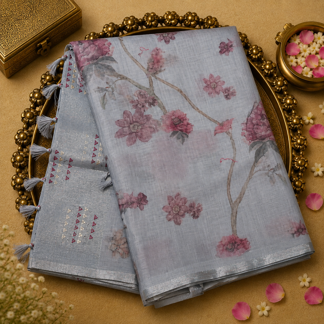 Grey Kotta Cotton Saree with Floral Design & Silver Zari Border
