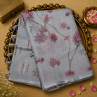 Grey Kotta Cotton Saree with Floral Design & Silver Zari Border