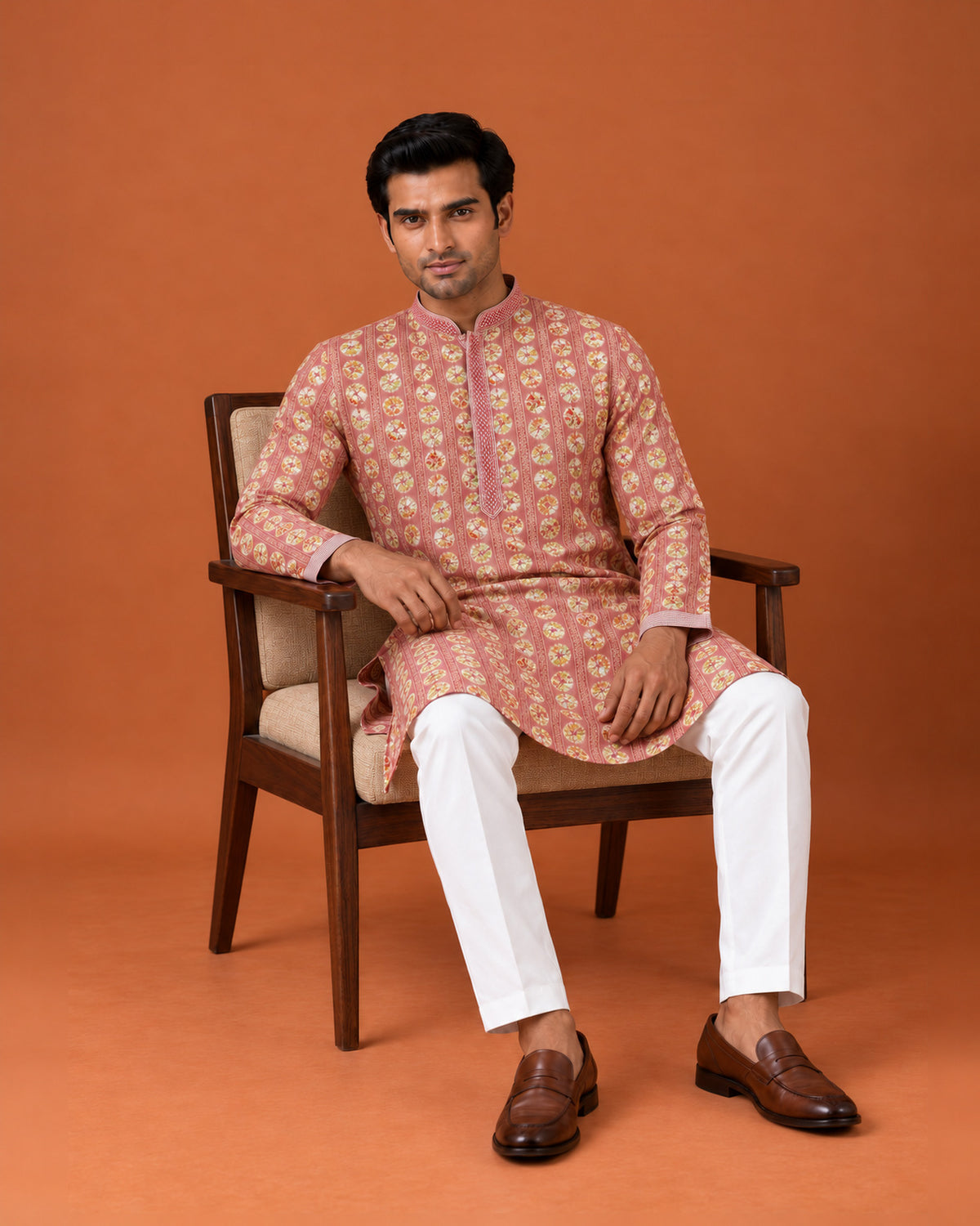 Peach Rayon Cotton Printed Kurta with White Pants