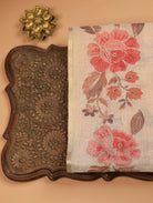 Golden Beige Tissue Linen Saree with Floral Print & Zari Detailing