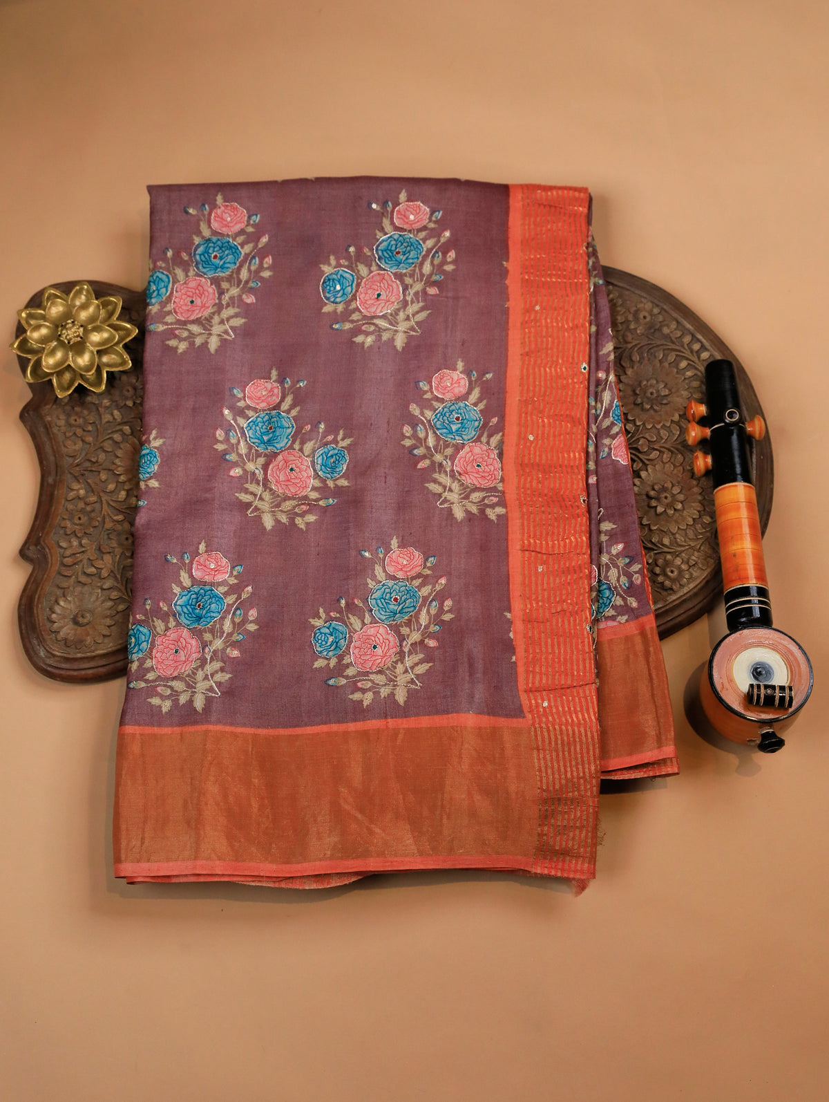 Dusky Purple Pure Tussar Silk Saree with Floral Print & Orange Border